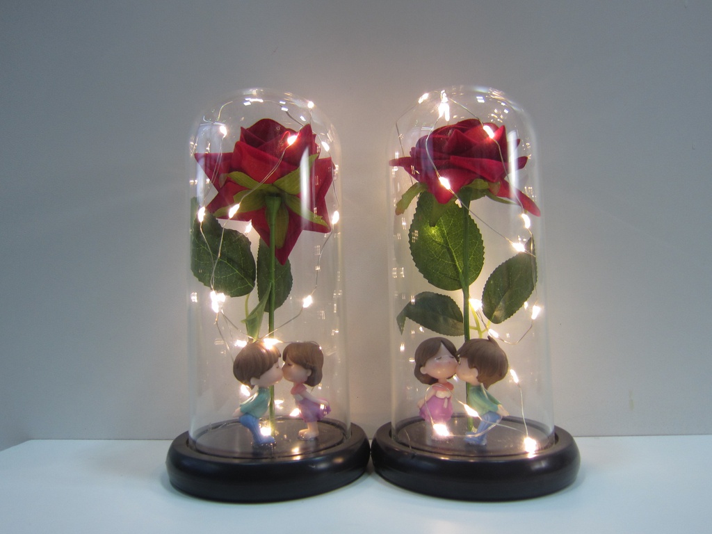 Cupula de vidrio con novios,rosa artifical roja y luz 21x11