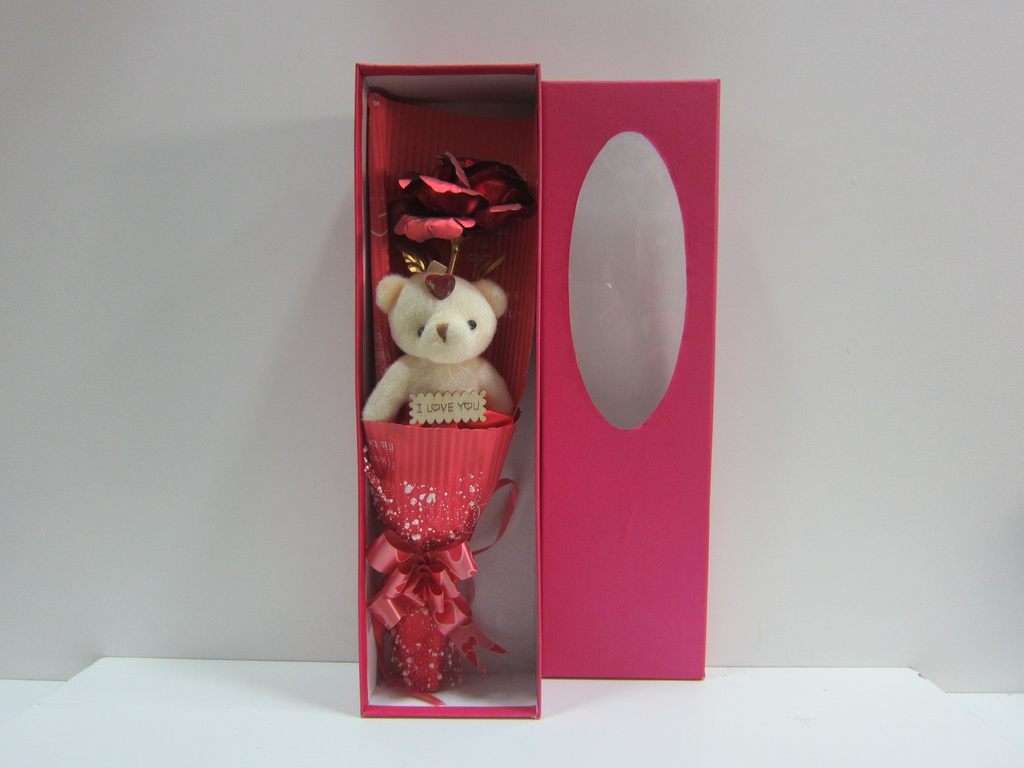 Caja rectangular rosada con oso y flor artificial 6x33-10